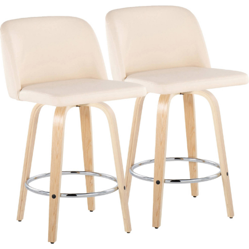 Toriano 26" Swivel Counter Stool in Natural Wood & Cream Leatherette w/ Chrome Footrest (Set of 2)